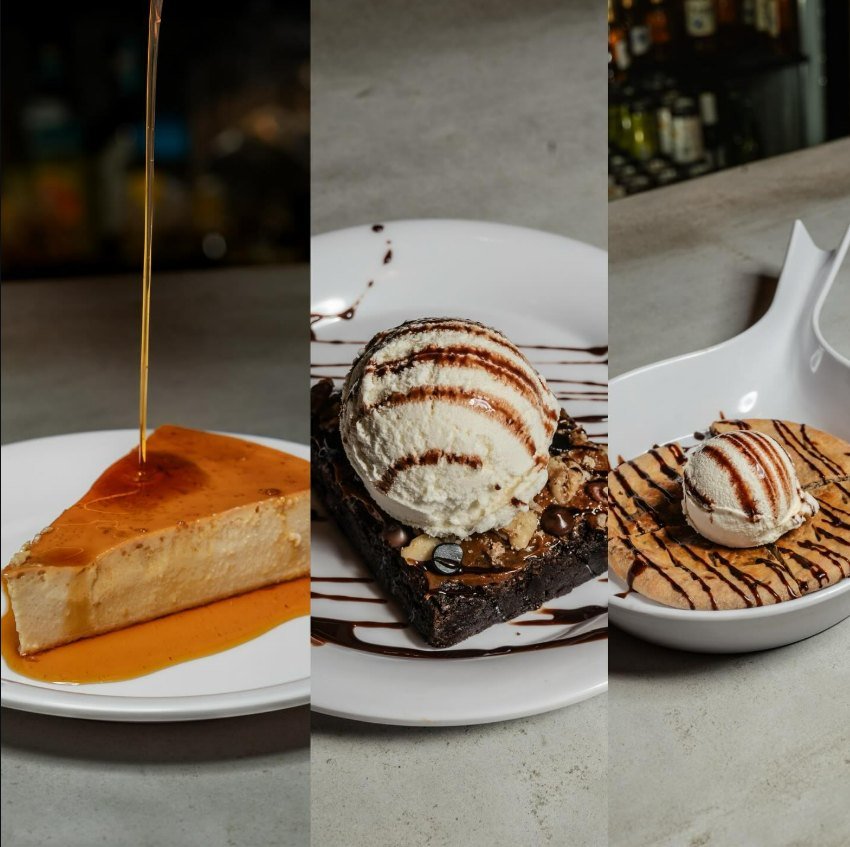 Postres de la casa: flan napolitano, brownie y coyota con nieve